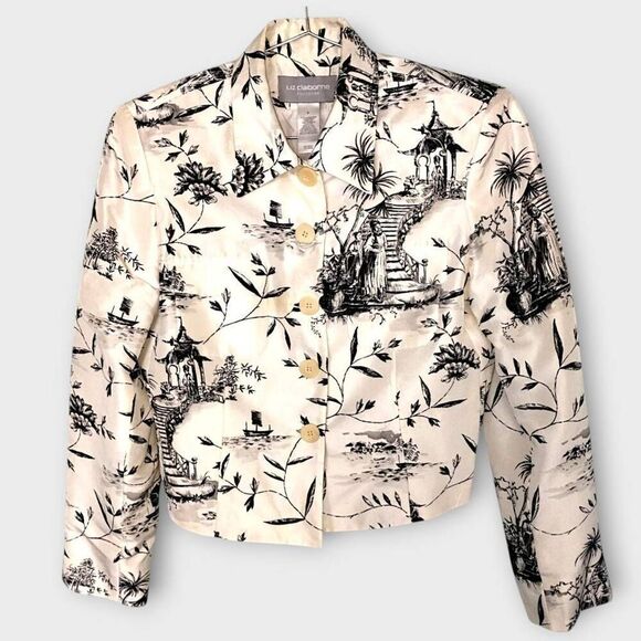 Liz Claiborne Jacket Womens sz 8 Cream Black Silk Vintage Village Asian Print - Picture 1 of 15